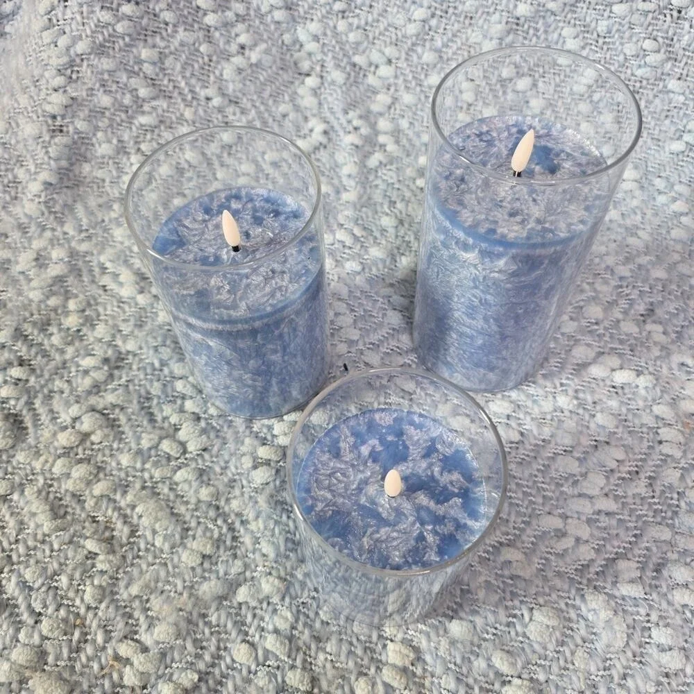 Living Embossed Blue Christmas Holiday 3-Piece LED Candle‎ Set E2